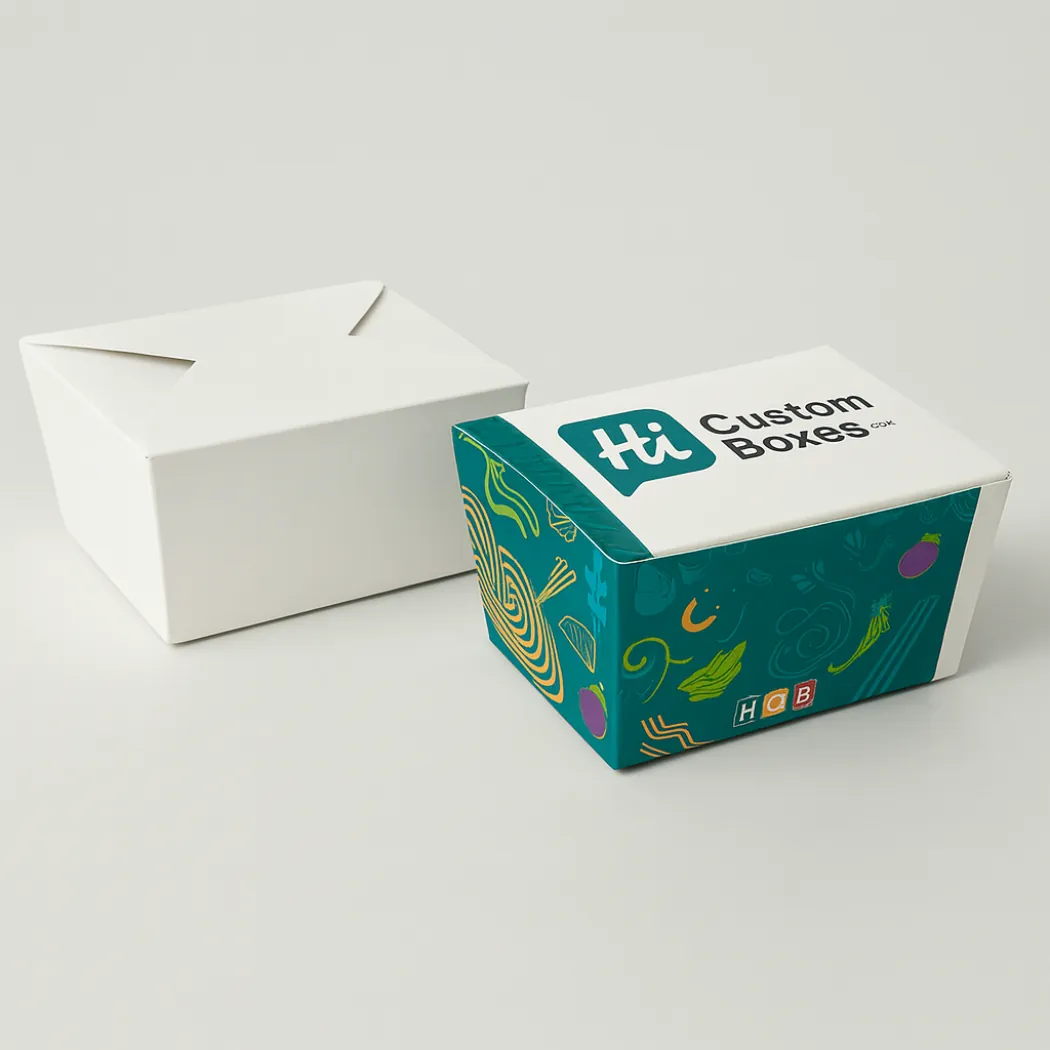 Rectangular bespoke noodle boxes featuring a plain white design alongside a vibrant teal patterned option- class=